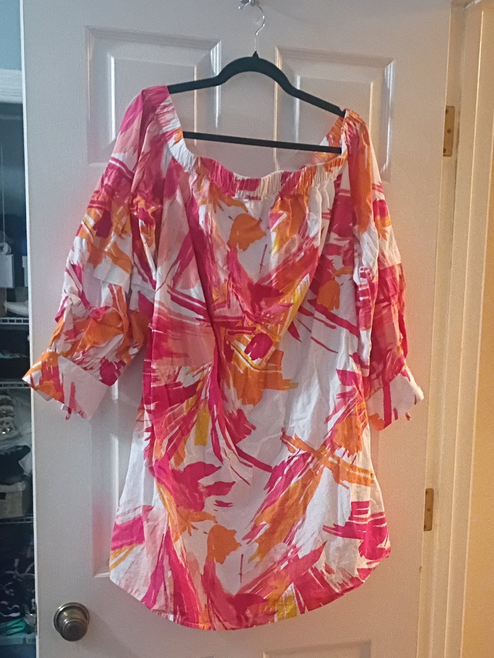 New York & Company Pink and Orange Abstract Off-Shoulder Tunic Dress